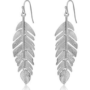 Women's Leaf Long Hanging Boho Humble Chic Feather Plated Metal Silver Earrings